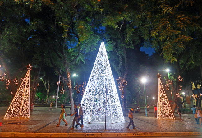 Árvores luminosas são instaladas no Parque Halfeld 1 Árvore maior tem 10 metros de altura