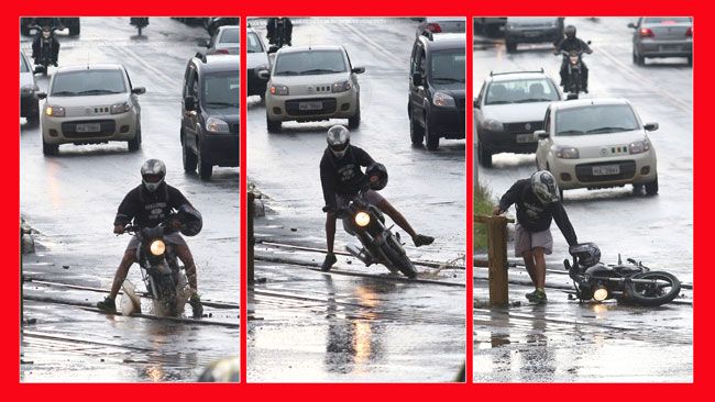 Buraco na linha férrea 1 tribuna flagrou momento em que motociclista foi vitima do desnivel no asfalto no mariano