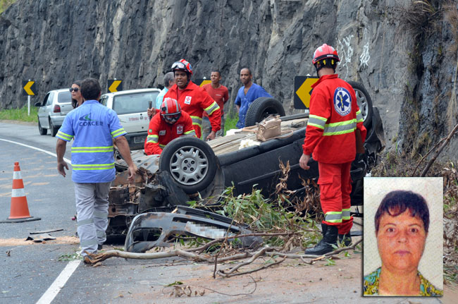 Mulher morre em acidente na BR-040 1 Tânia Maria Sffeir de Oliveira (no detalhe) foi lançada para fora do Palio que dirigia (Foto: Olavo Prazeres/22-05-15)