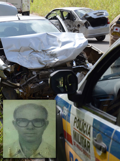 Idoso morre em acidente na MG-353 1 Elzio Bruni (foto, no detalhe), de 91 anos, estava no banco de trás e morreu na hora (Foto: Roberto Fulgêncio)