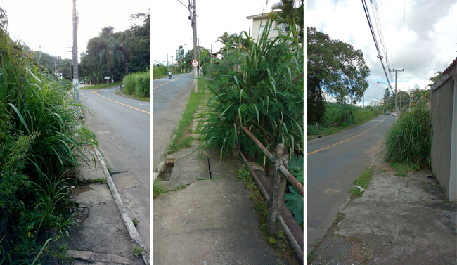 Calçada no Vale do Ipê é tomada por mato e buracos 1 Problemas forçam pedestres a andar pela rua