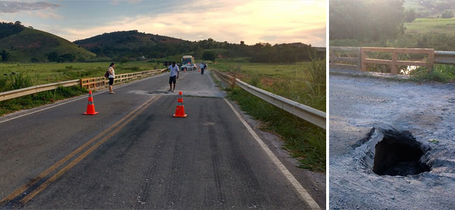 DER/MG libera MG-133 entre Tabuleiro e Rio Pomba 1 Cabeceira da ponte voltou a ceder, impedindo a circulação de veículos (Foto: Prefeitura de Rio Pomba)