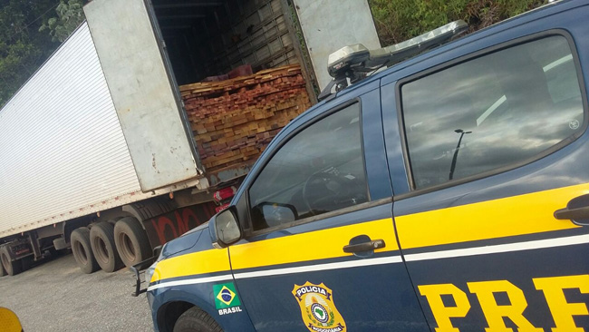 PRF apreende 68 toneladas de madeira 1 Caminhão com madeira foi flagrado na BR-040 (Foto: Divulgação/ PRF 18-05-2016)