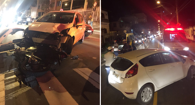 Carro e moto batem e complicam trânsito na Olegário 1 Foto do leitor Sérgio Bara