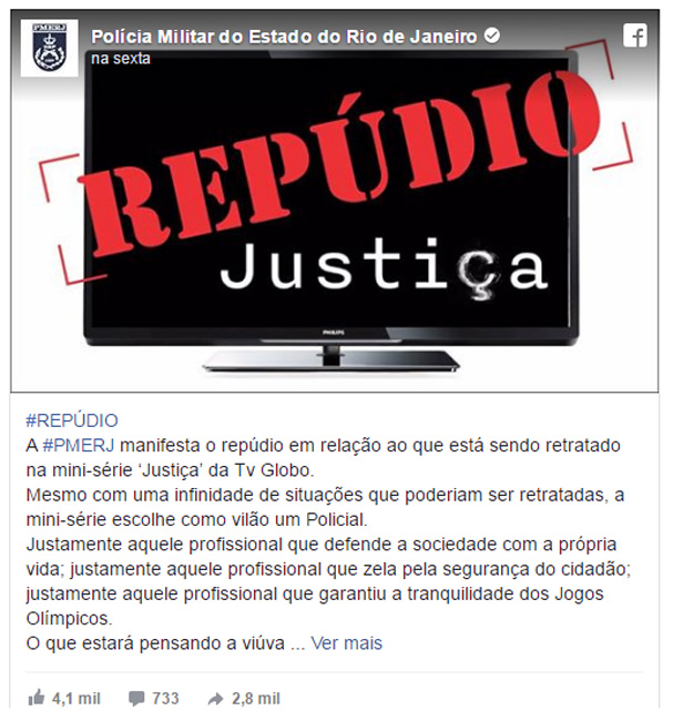 Minissérie 'Justiça' recebe nota de repúdio da PM do Rio de Janeiro 1 Reprodução Facebook
