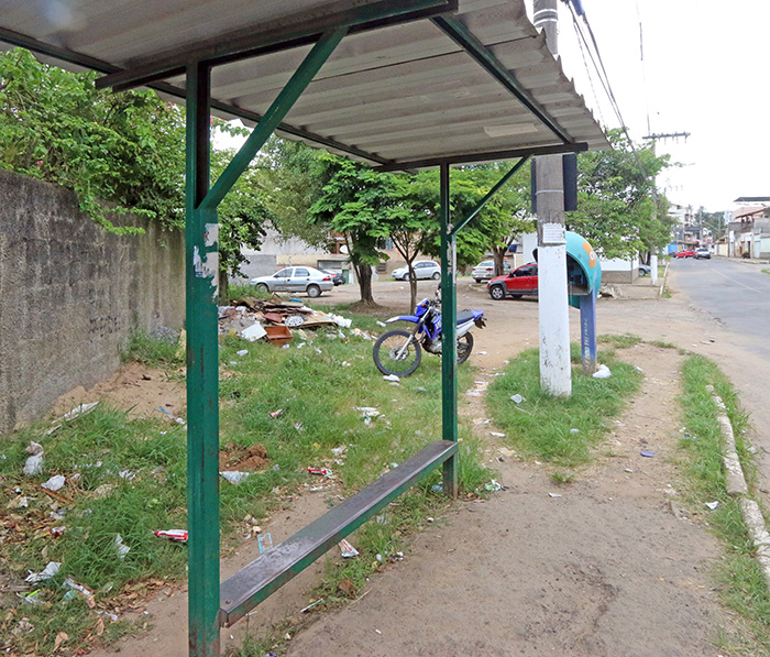 Mato, lixo e entulho em rua do Santos Dumont 1 Além do mato, há lixo e entulhos próximo ao ponto de ônibus na Rua Álvaro José Rodrigues (Foto: Leonardo Costa)