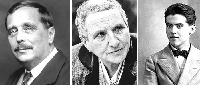 Foto à esquerda: Um dos pilares da ficção científica moderna, H. G. Wells é autor de A Guerra dos Mundos. Foto ao centro: Obras da feminista Gertrude Stein também passaram para o domínio público. Foto à direita: Federico Garcia Lorca foi uma das primeiras vítimas da Guerra Civil Espanhola e teve morte precoce.