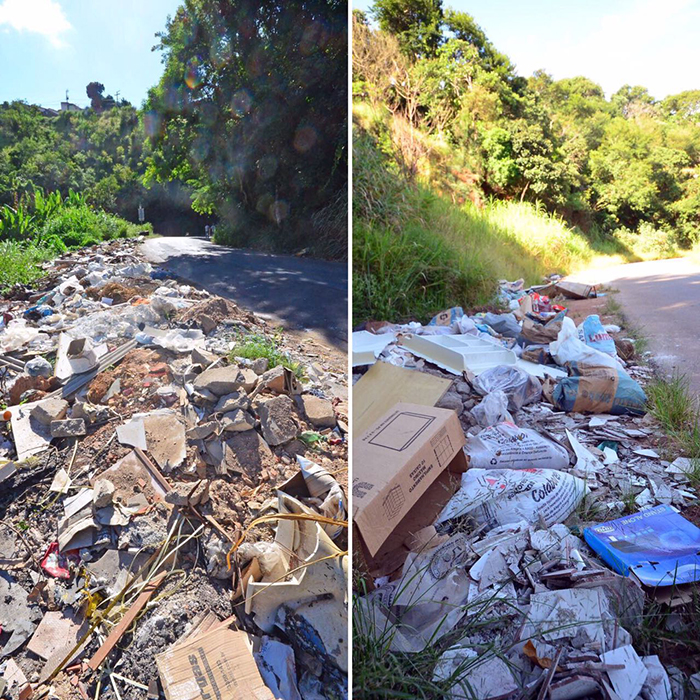 Duplo bota-fora irregular em rua do Borboleta 1 Entre os materiais do descarte irregular estão sacos plásticos, telhas e parte de móveis (Foto: Olavo Prazeres)