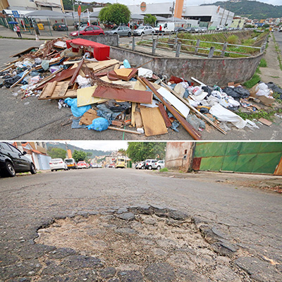 Lixo e asfalto danificado no Bairro Santa Terezinha 1 Lixo amontoado preocupa moradores da Rua Josué de Queirós, que apresenta buraco no asfalto