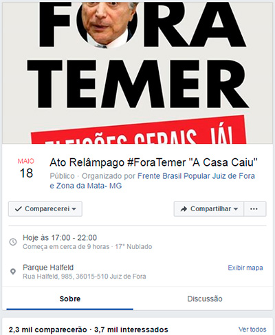 Ato Relâmpago contra Michel Temer deve acontecer nesta quinta em JF 1 Convocação é feita pelas redes sociais (Foto: Reprodução Facebook)