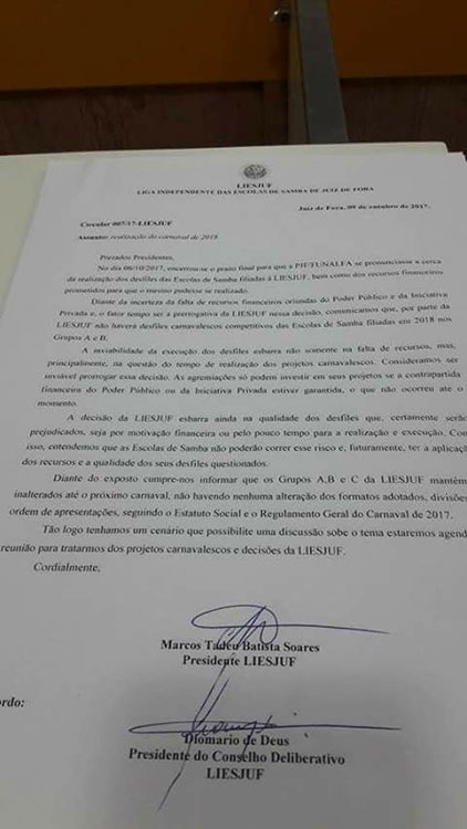 Liga das escolas de Samba diz que não haverá desfiles em 2018 1 oficio carnaval