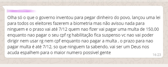 Multa de R$ 150 para quem perder recadastramento eleitoral biométrico? É boato! 1 fake news