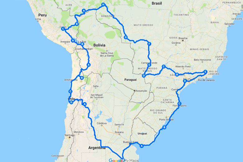 Quatro motociclistas de JF partem em expedição de 37 dias pela América do Sul 5 Mapa viagem