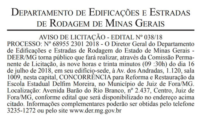 DEER publica aviso de licitação para reforma da Escola Estadual Delfim Moreira 1 deer