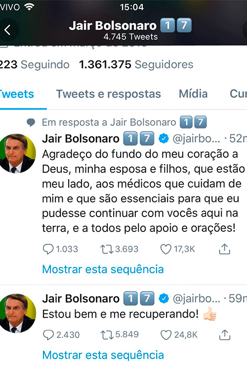 'Estou bem e me recuperando', diz Bolsonaro no Twitter 1 twetter.post
