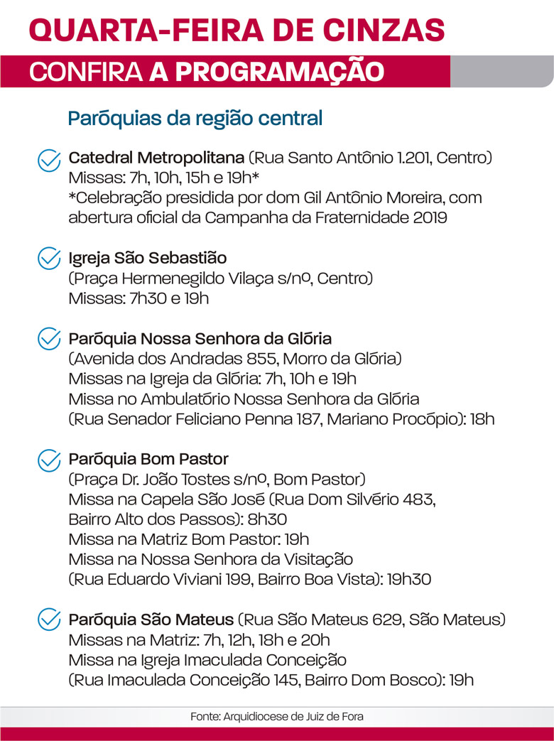 Programação da Quarta feira de Cinzas