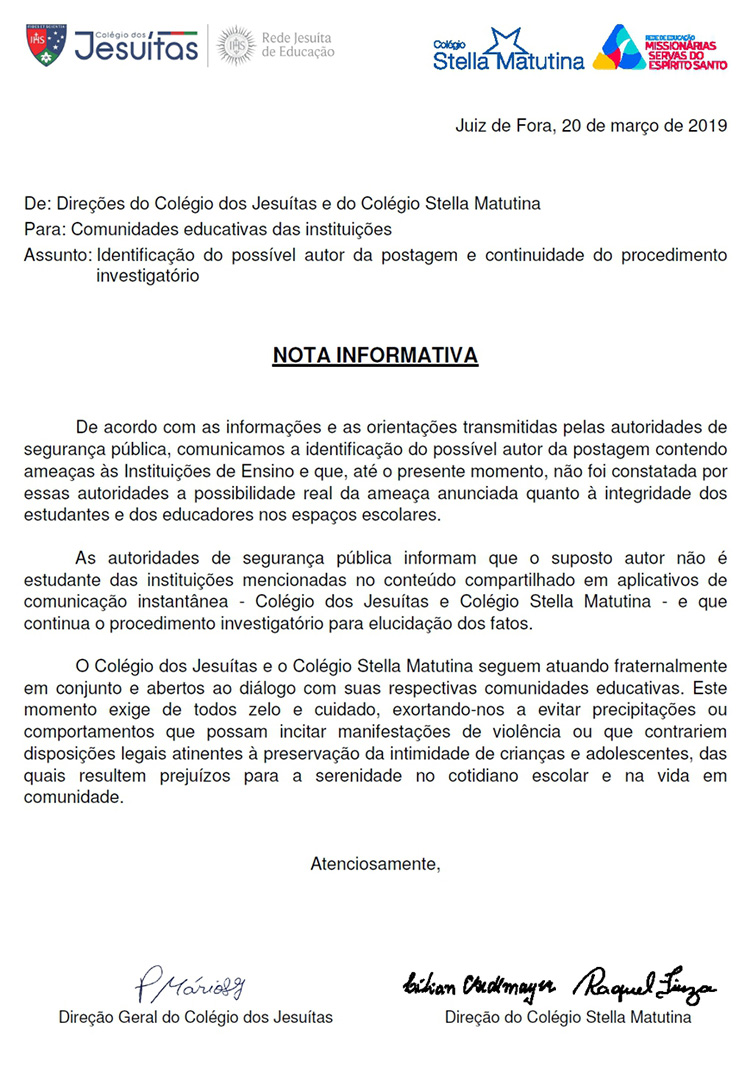Suspeito de postar mensagem que sugeria atentado a escolas é identificado 1 carta jesuitas