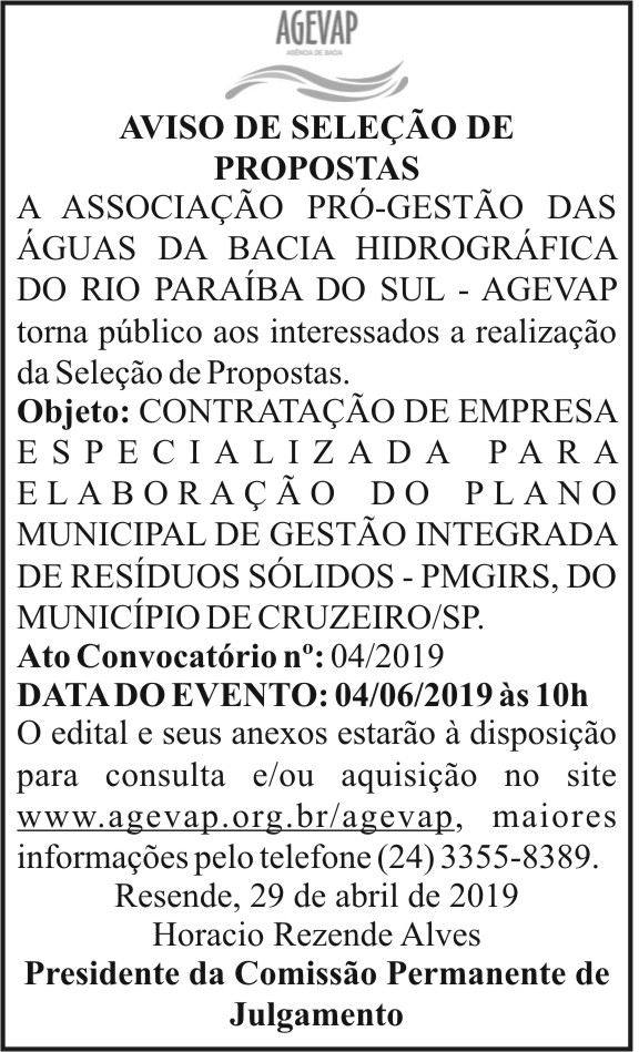 Aviso de seleção de propostas 16 1 AGEVAP 04