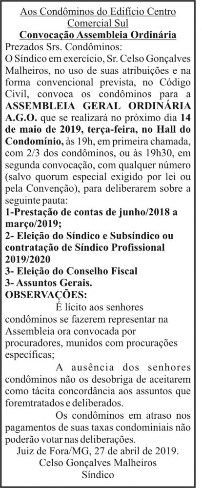 Aos Condôminos do Edifício Centro Comercial Sul 4 1 COMERCIAL SUL.