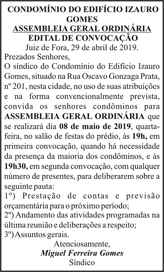 Condomínio do Edifício Izauro Gomes: 25/04/2019 4 1 IZAURO
