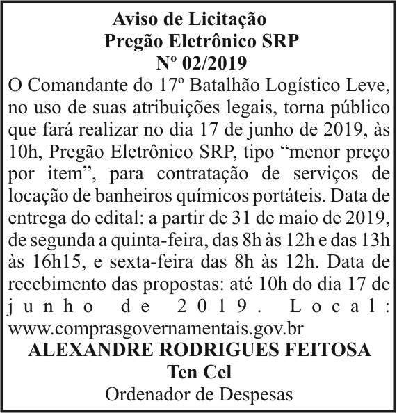 Aviso de Licitação - Pregão Eletrônico SRP N° 02/2019 4 1 17 BLOG