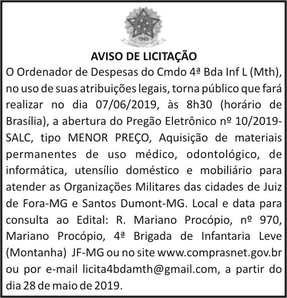 Aviso de Licitação 4º Bda Inf L (Mth) 4 1 4BDA 010