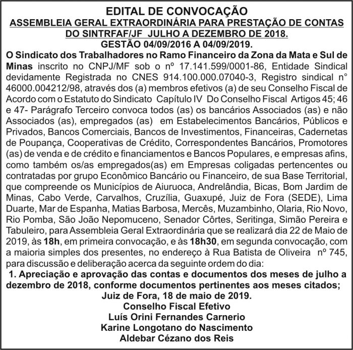 Edital de Convocação SINTRFAF/JF 4 1 BANCARIOS