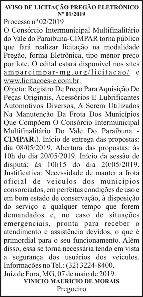 Aviso de Licitação Pregão Eletrônico Nº 01/2019 4 1 CIPAR.