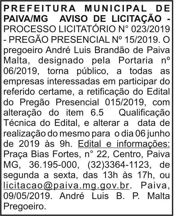 Prefeitura Municipal de Paiva/MG - Aviso de Licitação 4 1 PAIVA 023