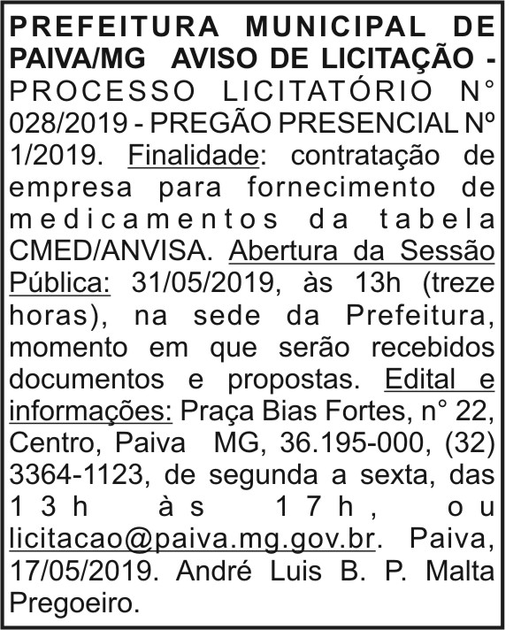 Prefeitura Municipal de Paiva/MG - Aviso de Licitação 4 1 PAIVA 028