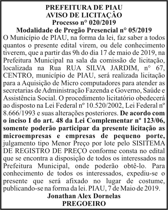 Prefeitura de Piau - Aviso de Licitação 4 1 PIAU 020.