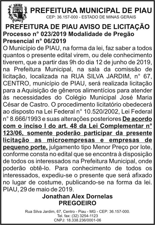 Prefeitura Municipal de Piau - Licitação 4 1 PIAU 023