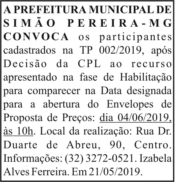 Prefeitura Municipal de Simão Pereira/MG convoca 4 1 SIMAO PEREIRA 002