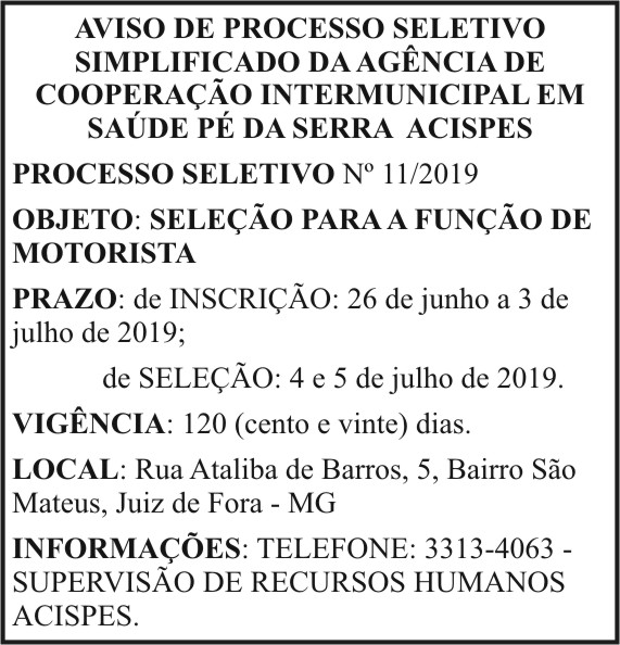 Aviso de Processo Seletivo Simplificado - ACISPES 4 1 ACISPES 11