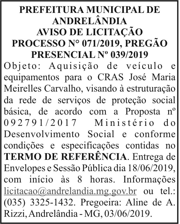 Prefeitura Municipal de Andrelândia - Aviso de licitação 4 1 ANDRELANDIA 071