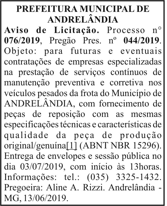 Aviso de licitação- Prefeitura de Andrelândia 4 1 ANDRELANDIA 076