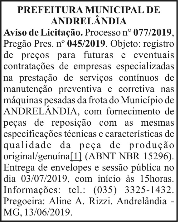 Aviso de edital-Prefeitura de Andrelândia 4 1 ANDRELANDIA 077