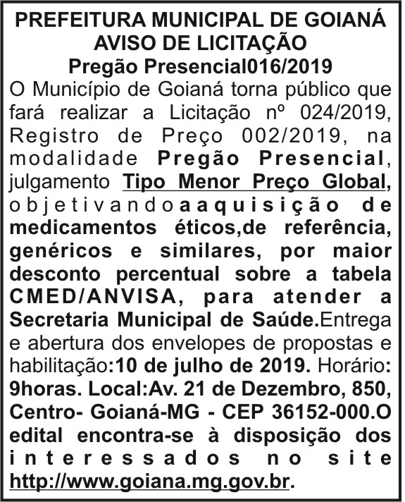 Prefeitura Municipal de Goianá - Licitação 4 1 GOIANA 016