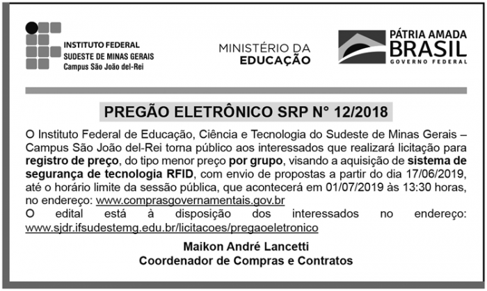 IF Sudeste - Pregão Eletrônico SRP Nº 12/2018 4 1 IFSUDESTE1