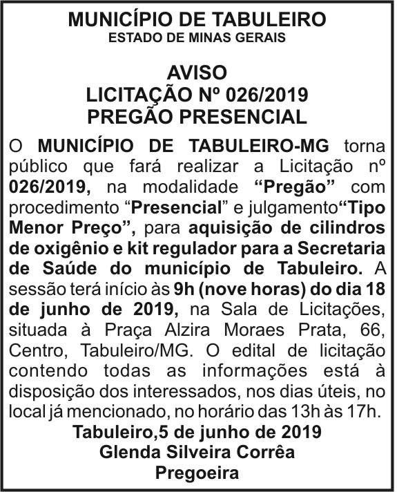 Município de Tabuleiro - Licitação N° 026/2019 4 1 TABULEIRO 026