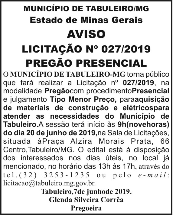 Município de Tabuleiro/MG - Aviso de Licitação 4 1 TABULEIRO 027