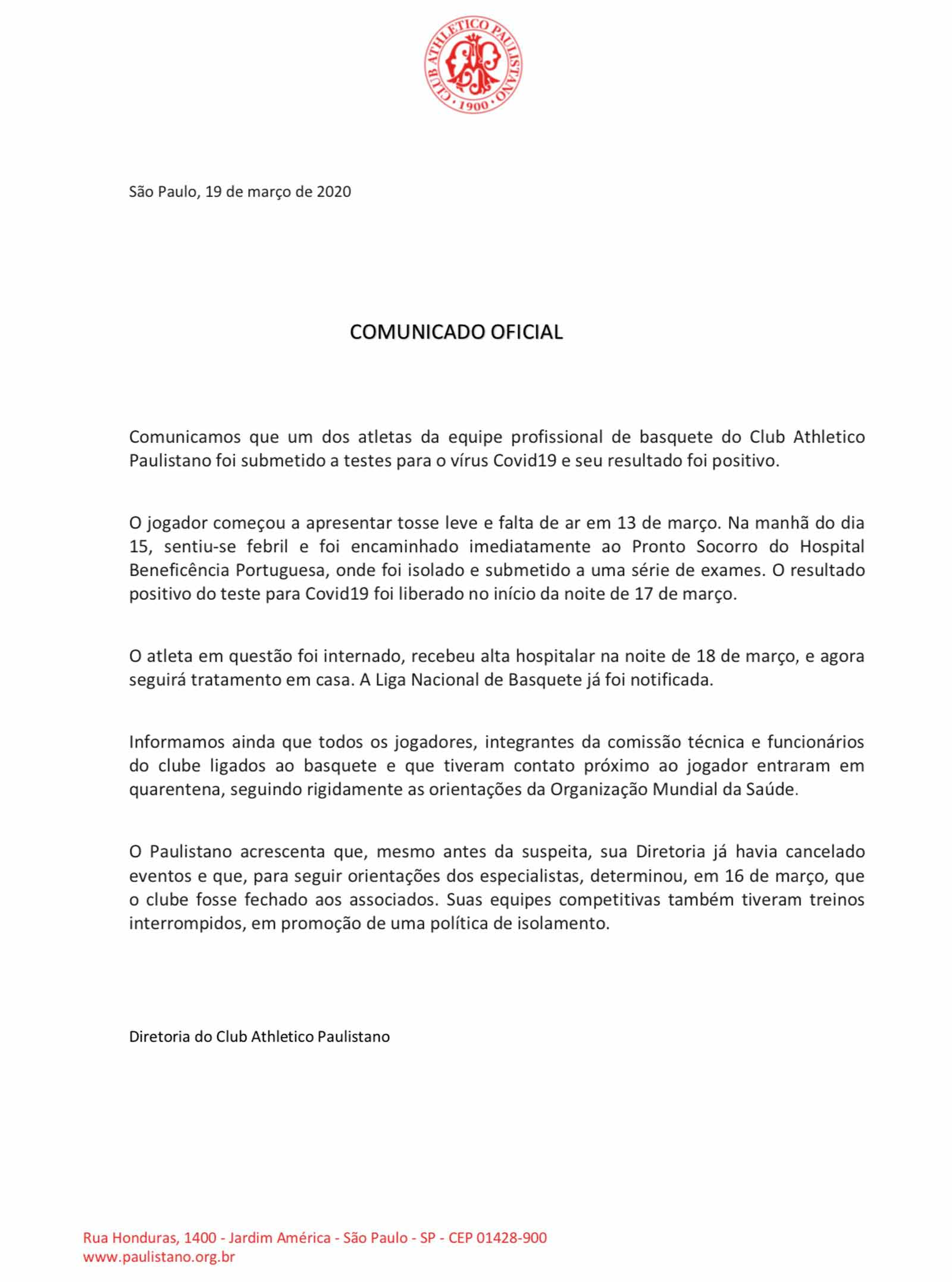 Basquete brasileiro tem primeiro caso de coronavírus 2 esp paulistano coronavirus