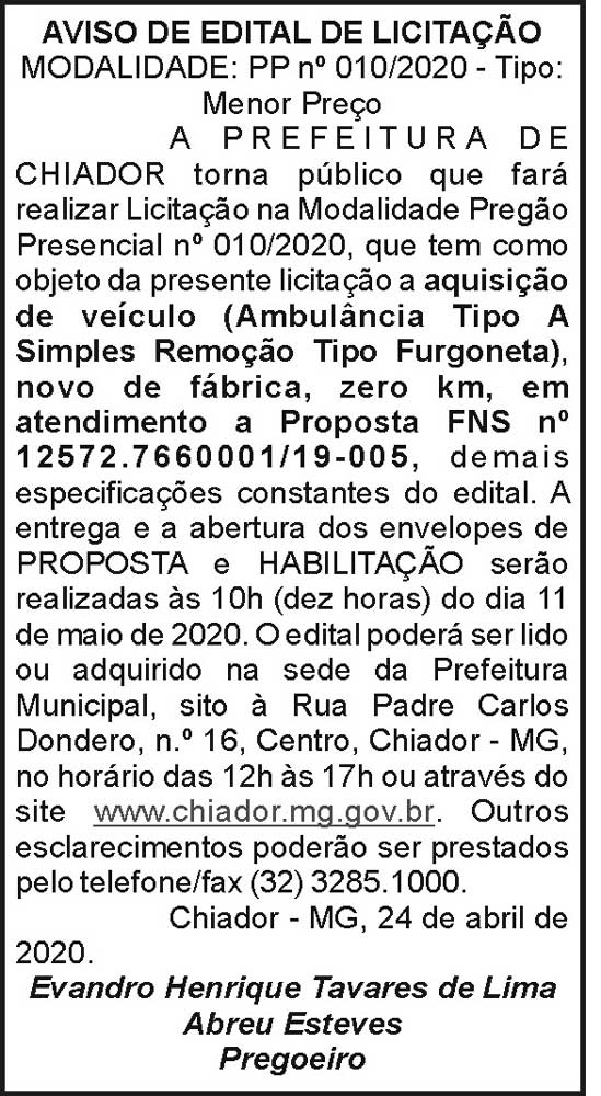 Prefeitura Municipal de Chácara 010/2020 4 1 CHIADOR 010