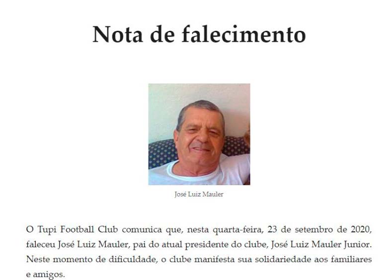 Morre José Luiz Mauler, pai do presidente do Tupi 1 nota falecimento