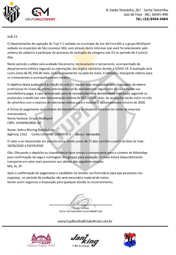 Cobranças em clínicas do Tupi ferem a Lei Pelé, afirma advogado; clube nega 1 doc tupi sub 23
