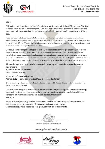 Promessas de profissionalização e até R$ 4.500 cobrados: atletas denunciam gestão da base do Tupi 2 doc tupi