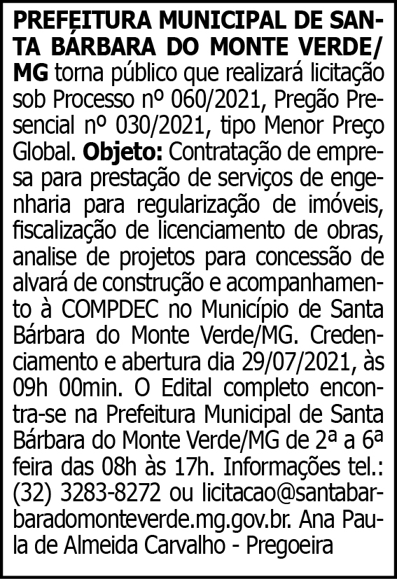 Prefeitura Municipal de Santa Bárbara do Monte Verde - Aviso de Licitação N60 4 1 BARBARA 060