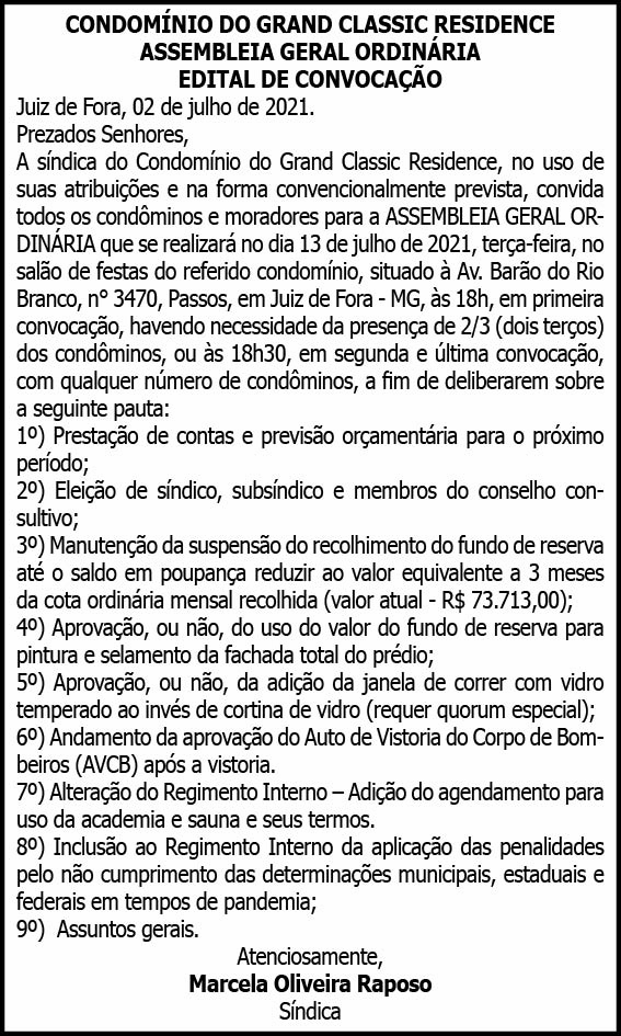 Condomínio do Grand Classic Residence - Assembleia Geral 4 1 CLASSIC
