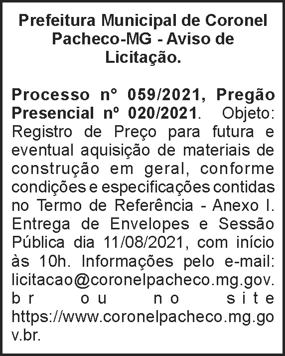 Prefeitura Municipal de Coronel Pacheco - Licitação 4 1 CORONEL 059