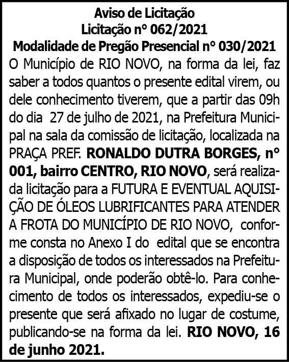 Município de Rio Novo - Licitação Nº 030/2021 4 1 RIO NOVO 062 1